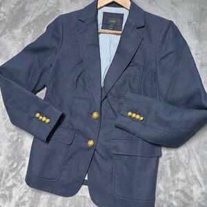 J Crew Rhodes Blazer Women 8 Navy Linen Gold Crest Button Nautical Preppy